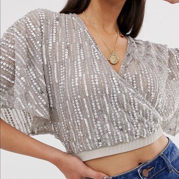 Silver sequined angel sleeve crop top - Picture 2 of 7